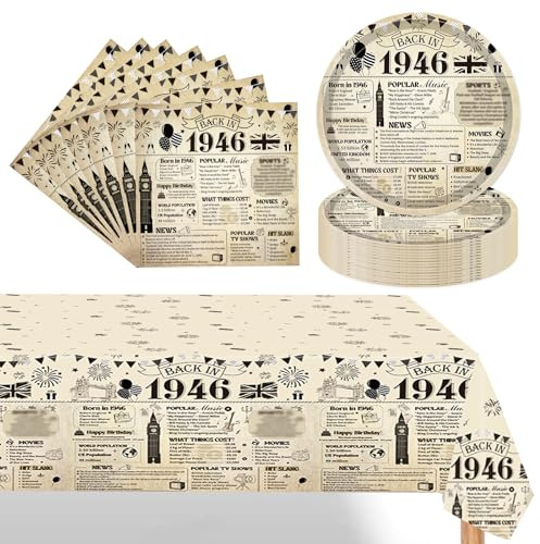 Eiapadeor 80th Birthday Decorations Tableware Set - 37 Pcs 80th Birthday Party Plates Napkins Table Cloth Vintage Back in 1946 Disposable Dinnerware Set for Women Men 80 Year Old Party Supplies