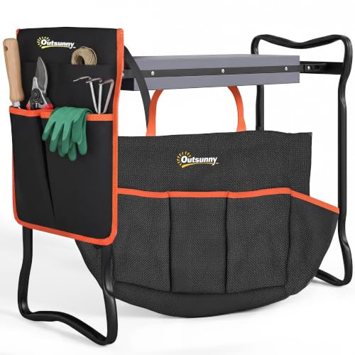 Outsunny Taburete de Jardín Plegable Almohadilla de Espuma EVA Negro | Asiento de Jardín Portátil, Bolsa para Herramientas en Cintura, Carga 150 kg, Regalo para Jardineros, Ancianos