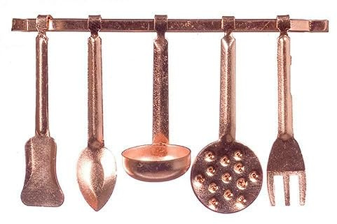 Unknown Dolls House Miniature Kitchen Accessory Copper Hanging Utensils & Rack 5055