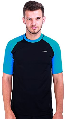 H.MILES Uomo Rash Guard Protezione Solare UV (UPF) 50+ Basic Maniche Corte per Immersioni Snorkeling Surf (4XL, Black/Blue)