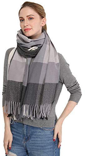 Longwu Bufanda de lana de cachemira suave para mujer Manta y envoltura de pashmina grande Manta de estola cálida Gris&Oscuro#