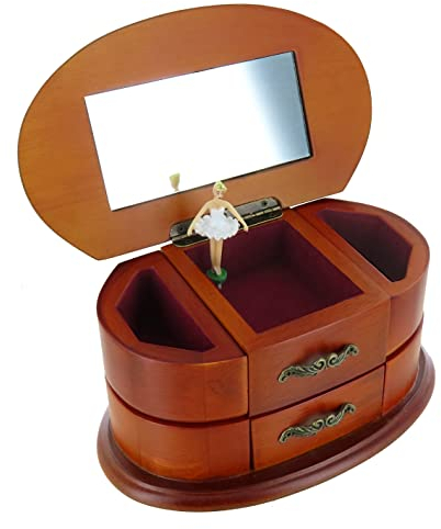 Schmuckschatulle / Schmuckschachtel / Schmuckkästchen mit Spieluhr aus Holz mit tanzender Ballerina, Spiegel, 18-Ton-Federspielwerk und Fächern für Schmuck - Schwanensee (P. I. Tschaikowski)