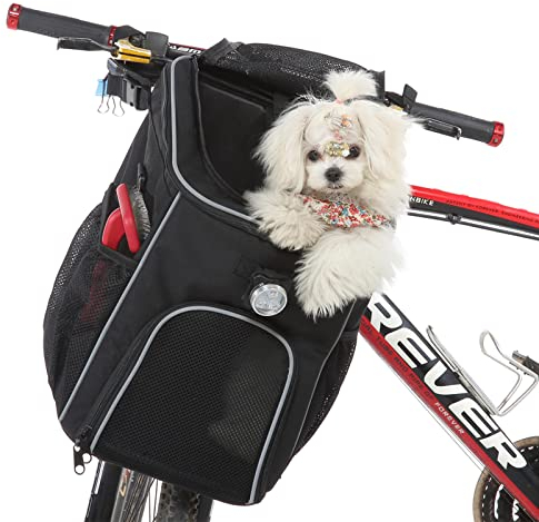 PETCUTE Haustier Fahrradtasche für Hunde Katzen,Faltbarer Hundekorb Fahrrad Vorne mit Seitentaschen,Atmungsaktiv Fahrradkorb Vorne für Kleine Mittlere Hunde mit Reflektierende Bänder und Licht