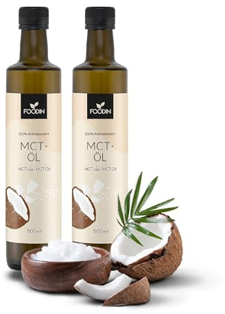 FOODIN Olio MCT 1000 ml (2 x 500 ml) in 100% olio di cocco, media chain trigliceridi (MCT), prodotto in cocco prodotto, 100% senza glutine e vegano, ideale per la dieta chetogenica