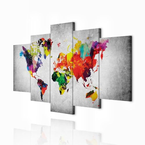 decomonkey - Tableau Acoustique Carte du Monde 200x100 5 Pièces - Impression sur Toile Décoration Maison Isolation Phonique Déco Bureau Fond de texture de carte du monde de continents colorés