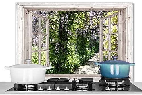 KitchenYeah© Plaque Anti Projection Cuisine 90x60 cm Aluminium Décoration Couvercle Anti Éclaboussure Crédence Cuisine Glycine - Fleurs - Transparent - Arbre - Printemps