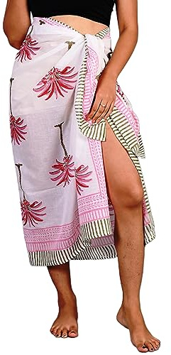 INDACORIFY 100% Cotton Hand Block Printed Sarong Womens Swimsuit Wrap Cover Up, Beach Bikini Skirt Pareo Scarf Stole Shawl for Women (Design-3)
