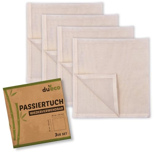 DuEco Paños de queso con 4 unidades para hacer queso y leche de nueces orgánica, toalla multiusos para queso casero, bayas, zumo de frutas y zumo de verduras aprox. 50 x 50 cm (4 unidades – 50 x 50