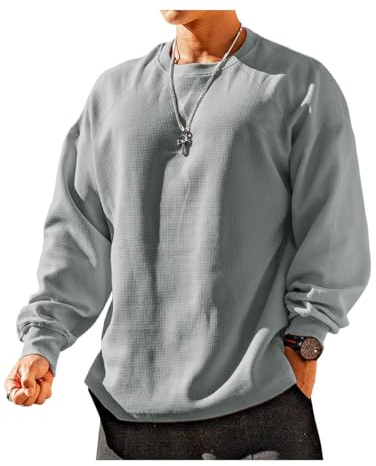 YCHSXAIZ Magliette a Maniche Lunghe Waffle da Uomo con Collare Crewneck Grigio M