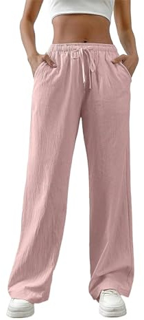 shownicer Femme Lin Pantalon Été Coton Lin Pantalon Léger Casual Elegant Élastique Couleur Unie Pantalon de Plage Mode Pants avec Poches A Rose M