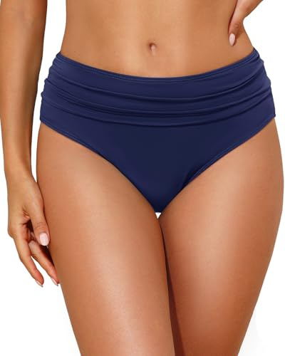 Tempt Me Women Navy Blue Mid Rise Bikini Bottoms Full Coverage Swimsuit Ruched Scrunch Swim Bottom L