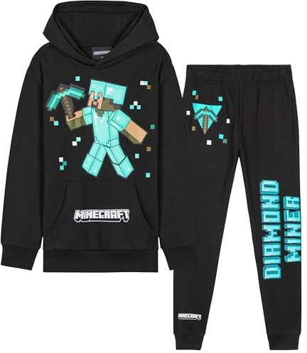 Minecraft Ensemble Survêtement Garçon, Jogging Long Confortable - Cadeaux Gamer Garçon (Noir/Multi, 9-10 Ans)