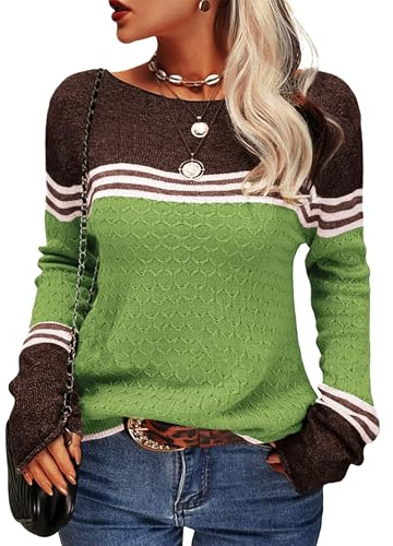 Hormtaer Womens Jumpers Crew Neck Long Sleeve Knit Sweater Colorblock Striped Knitwear Ladies Casual Retro Sweaters Soft Pullover Tops (Green, L)