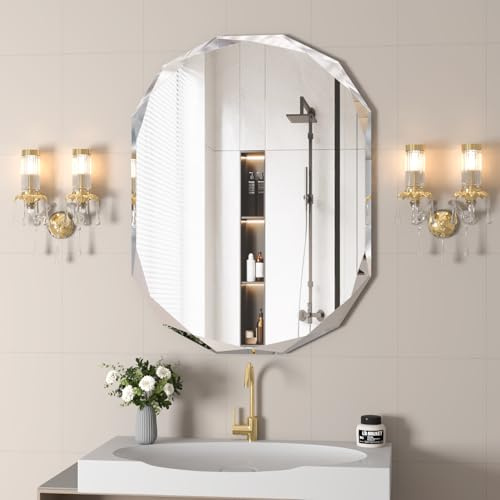 NEUWEABY Specchio da bagno da parete, 75x 90 cm specchio da bagno con bordo smussato irregolare, specchio da parete con bordo smussato, specchio decorativo da parete senza cornice