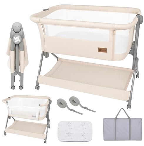 Twinly – Beistellbett Baby Comfortly mit Rollen | Klappbar & Höhenverstellbar (5 Stufen), Atmungsaktiv ab 0+ Monate bis 9 kg, inkl. Matratze, Laken & Tasche – Ohne Montage (Beige)