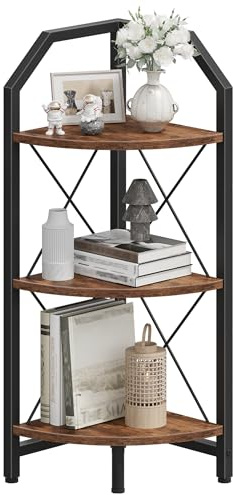 CHOEZON Estantería de Esquina de 3 Niveles, Librería de Esquina Estilo Industrial, Estantería Independiente de 90 cm, Soporte para Plantas, Fácil Montaje, para Sala, Despacho, Marrón Vintage DTCJ03BF