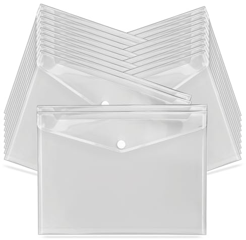 G4GADGET A4 Clear Plastic Wallets – Pack of Popper Document Folders with Label Pocket & Snap Button – Transparent Plastic Envelope for Home, Office, School & Travel (20)