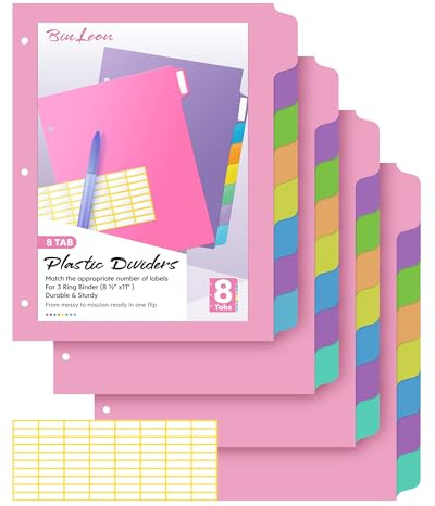 BiuLeon [32Pcs/4Set- 8 Tab] Binder Dividers with Tabs, Plastic Dividers for 3 Ring Binder, Letter Size Binder Tabs for Organizing School Office Home Files, Write&Erase Notebook/Page Dividers