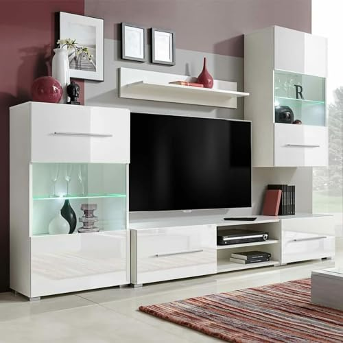 Hoodmeel Mobili Porta TV, Mobiletto per TV, Mobile per TV Soggiorno, Parete Attrezzata Soggiorno, Mobili con Vetrina Parete 5 pz Illuminazione LED Bianco