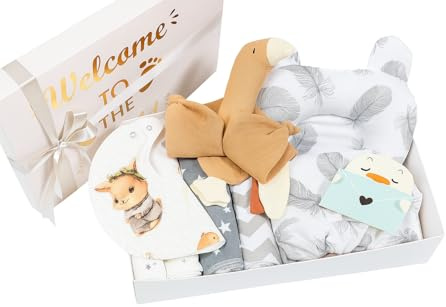 Baby presentset – present för nyfödda pojkar och flickor – 9 delar: Presentförpackning, gosig kanin, handduk, haklapp, muslin, bomull, flanell, vattentäta skötdukar – babygåva till födseln
