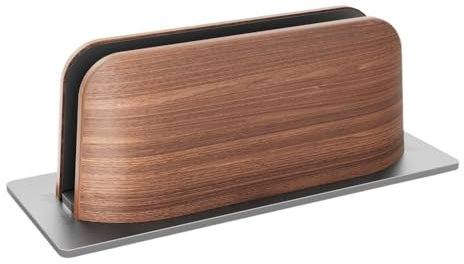 Vertikalt laptopstativ för skrivbord – elegant svart valnötsträ och aluminiumbas, snygg anteckningsbokshållare för hem och kontor, platsbesparande design för bättre nisation