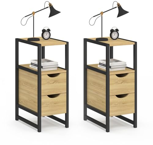 IDMarket - Lot de 2 Tables de Chevet Detroit 2 tiroirs et 1 Niche Bois et métal Noir Design Industriel