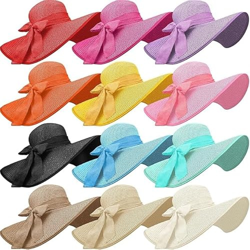 12 Pcs Women's Wide Brim Straw Hats Foldable Floppy Straw Hat Floppy Sun Hat Multicolor Summer Beach Sun Hat UPF 50+ (Bright Color)