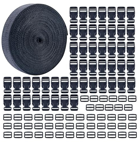 HAXIHA 10M Cinta Nylon Negra 50 Hebillas de Plástico 50 Tri-Glide Slides Clip,15mm Ajustable Hebilla Mochila para Hacer Bricolaje, Bolso,Mochila,Collar de Mascota,Equipaje