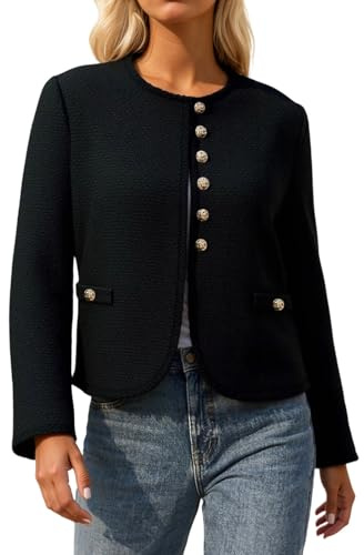 Generisch Giacca bouclé da donna in stile classico – Elegante giacca corta con bottoni dorati | Giacca senza tempo per il lavoro e il tempo libero, Stil_l01 Nero, S