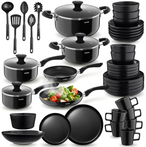 tectake® Juego de Vajilla Completa, Vajillas Completas Modernas, Platos Vajilla, Cuencos Cocina, Tazones Desayuno, Tazas Cafe, Ollas Aluminio Inoxidable - 45 Piezas Negro