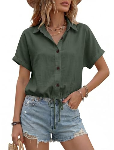 Enmain Camisa Mujer de Lino y Algodón Manga Corta Verano Blusa Corta de Botones con Cordón Cuello en V Anti-Arrugas Casual Shirt Mujer Cómoda para Verano Playa Vacaciones