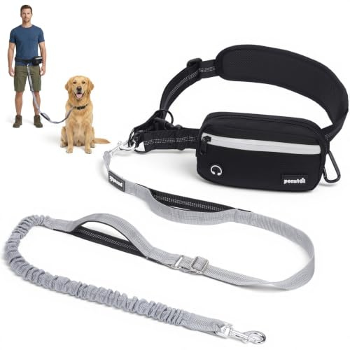 Pecute Canicross hundkoppel med midjeväska för hundar 15-55 kg | hundkoppel för löpning och promenader, stötdämpare säkerhetssele med reflekterande handtag. Canicross sele