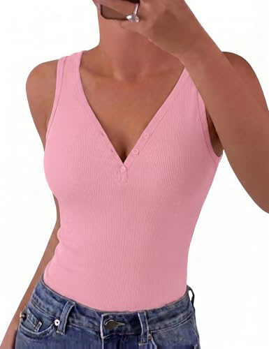 Gyabnw Top de Canalé Mujer Sin Mangas Cuello V con Botones