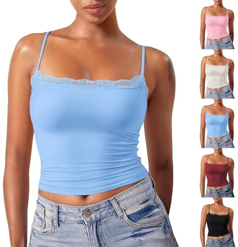 Debardeur Femme Chic Et Élégant Été Top Caraco Dentelle sans - Debardeur Court Femme Sexy Camisole Fine Bretelles Haut Col Carre Maillot De Corps Couleur Unie Tank Top Épaules Dénudées Débardeur