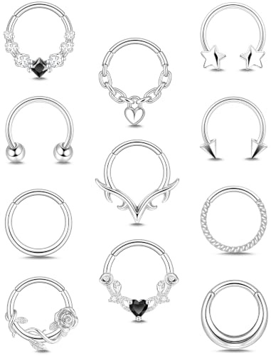 VELORICHE 11pcs Septum Rings for Women Surgical Steel Nose Rings Hoops Septum Clicker Daith Piercing Jewellry