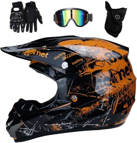 Youth Off Road Street Dirt Bike-hjälm, Full Face MTB Motocross-hjälm | Med skyddsglasögon maskhandskar, Quad Downhill Enduro Racing ATV BMX-motorcykelhjälm, DOT-godkänd