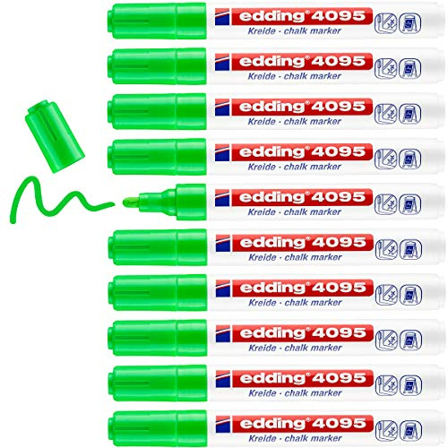 edding 4095 kritmarkör – ljusgrön – 10 kritpennor – rund spets 2–3 mm – kritpenna för avtorkbar tavla – för märkning av fönster, glas, spegel – bordspenna med ogenomskinliga färger