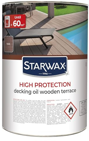 STARWAX - High-Protection Saturator for Wooden Decking - Nourishes, Enhances and Protects - Stain and Grease Resistant - Enriched in Tung Oil - Withstands UV Rays and Water - 5L