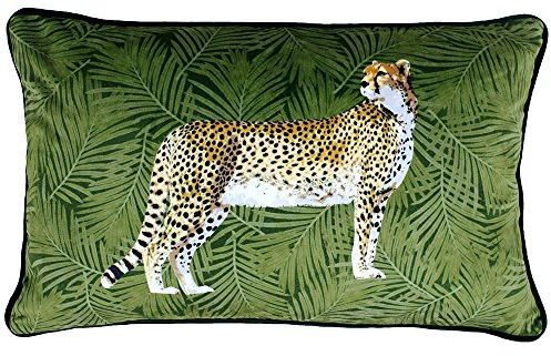 Paoletti Riva Funda de cojín con diseño de Guepardo, Color Verde, diseño de Hoja de Palma, Tela de Tacto Aterciopelado, Bordes ribeteados, Lavable a máquina, 100% poliéster, 30 x 50 cm, diseñada en