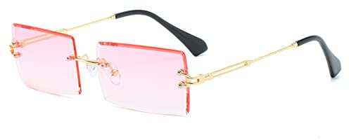YUELUQU Retro Rahmenlose Sonnenbrille für Damen Herren Mode Retro Rechteck Brille Quadratische durchsichtige Sonnenbrille (A-Gold/rosa)