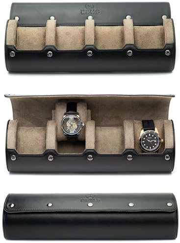 4 Watch Travel Case for Men Watch Roll Leather Watch Case Travel Sable Black Full Grain Cow Leather Mirage Heritage Collection