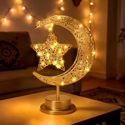 BomKra Ramadan Moon Table Lamp Crescent Lamp Ramadan Decorations Half Moon Light Battery Operated Metal Ramadan Star Lamp Lunar Lamps Eid Decorations Moon Bedside Lamp for Home Bedroom