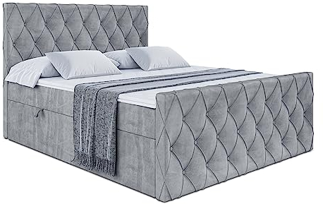 ALTDECOR Boxspringbett mit Matratze und Lattenrost, Boxbett, Fußteil, Topper, Polsterbett mit Bettkasten, Bett mit Stauraum H3-Matratze, Doppelbett, Springboxbett - Amay - 180x200 - Grau Samt
