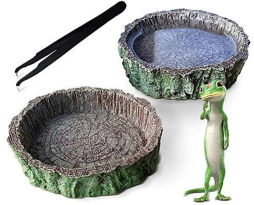 YUBONUS 2PCS Reptile Food Water Dish, Tree Stump Feeding Bowl with Tweezers for Leopard Gecko, Lizard, Spider, Scorpion, Chameleon