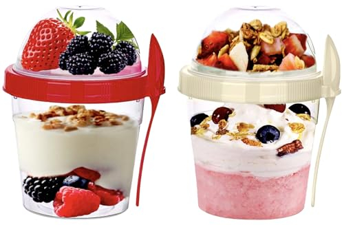 4All Yogurt Cup and Spoon 500ML Reuseable BPA free Breakfast Pot Museli Cup Spoon With Lid Cereal Containers Dishwasher Safe Oatmeal Jars Cereal Containers Red,Cream