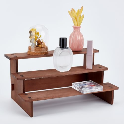 NBEADS 3 livello Legno Display Riser, 17.9x29.6x14.2cm Alzate Piccoli Alimenti Da Tavolo Color Cammello Espositori Cosmetici Organizer Profumi per La Collezione di Figure