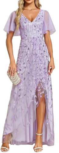 Ever-Pretty Vestido Largo de Invitada Boda Mujer Abertura Cuello en V Doble Asimétrico Lentejuelas Vestido Noche con Cintura Imperio EE02083-P