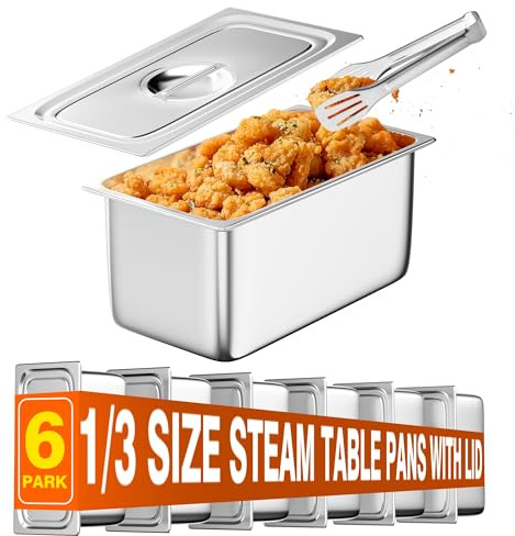 WantJoin Steam Table Hotel Pans with Lid 6 Pack 1/3 Size 6 Inch, 201 Stainless Steel 6 Deep Food Storage Container Set Cover for Chafing Dishes Commercial Buffet Restaurant Kitchen Catering Supplies