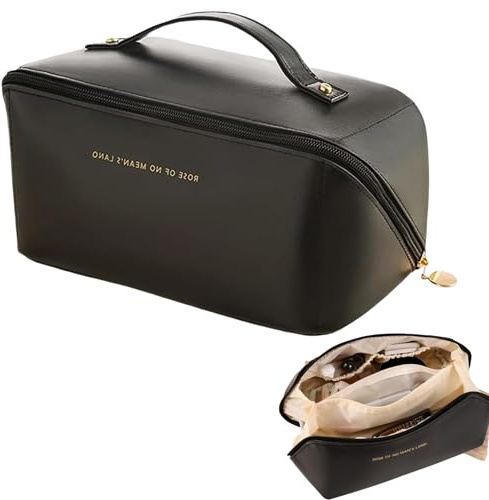 AYNKH Large Capacity Cosmetic Bag,Waterproof PU Leather Cosmetic Bag,Flat Cosmetics Case,Multi-Layer,Thickened Storage Wash Bags,Travel Lightweight Pillow Bags (Black)