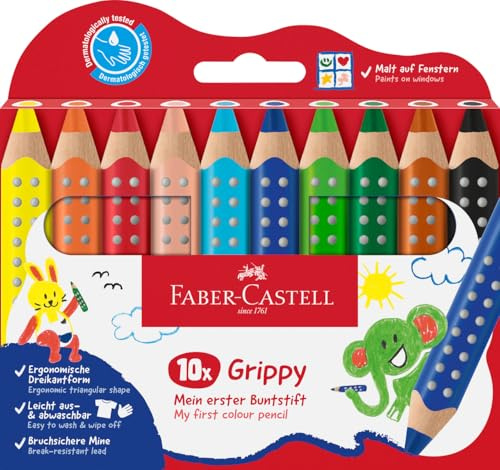 Faber-Castell 110624 Set Grippy, 10 Jumbo Buntstifte für Kleinkinder, leicht abwaschbare Malstifte für Kinder, ergonomische dreieckige Form, dicke Buntstifte, 10mm icke Mine